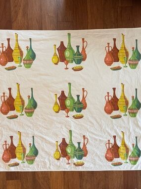 Vintage Cotton Mid-Century Tablecloth Vases in Green, Yellow, Brown 47” X 53”